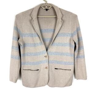Talbots Woman Cotton Sweater Blazer Cardigan beige stripe Preppy *small stain